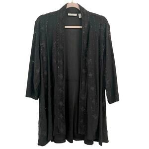 Susan Graver Sequin Cardigan 1X Liquid Knit Black Embellished Long Stretch Open